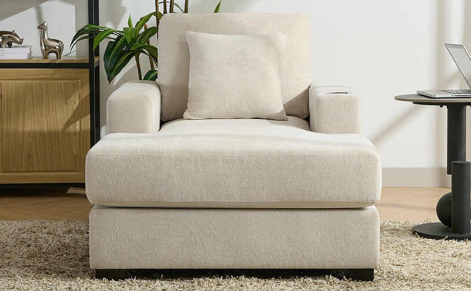 39.7" Oversized Chaise Lounger Modern Style Sofa Couch ,with Pillows, Charge Station & Cup Holders, Chenille Fabric, Cream - Korvel