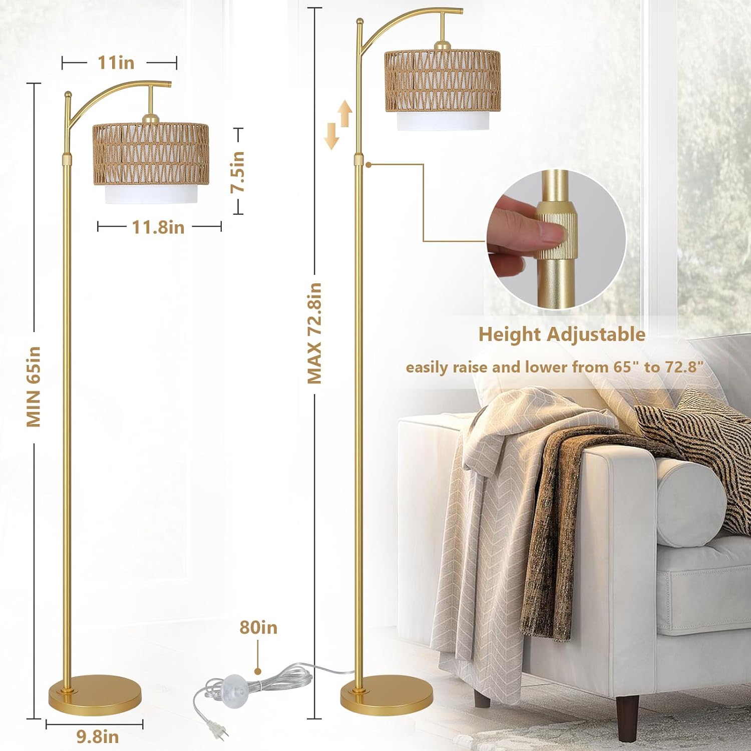Gold Floor Lamps for Living Room with Remote & Dimmable LED Bulb, Modern Arc Floor Lamp with 3 Color Temperatures - Korvel
