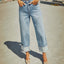 Straight leg jeans women's retro rolled edge high waisted pants - Korvel
