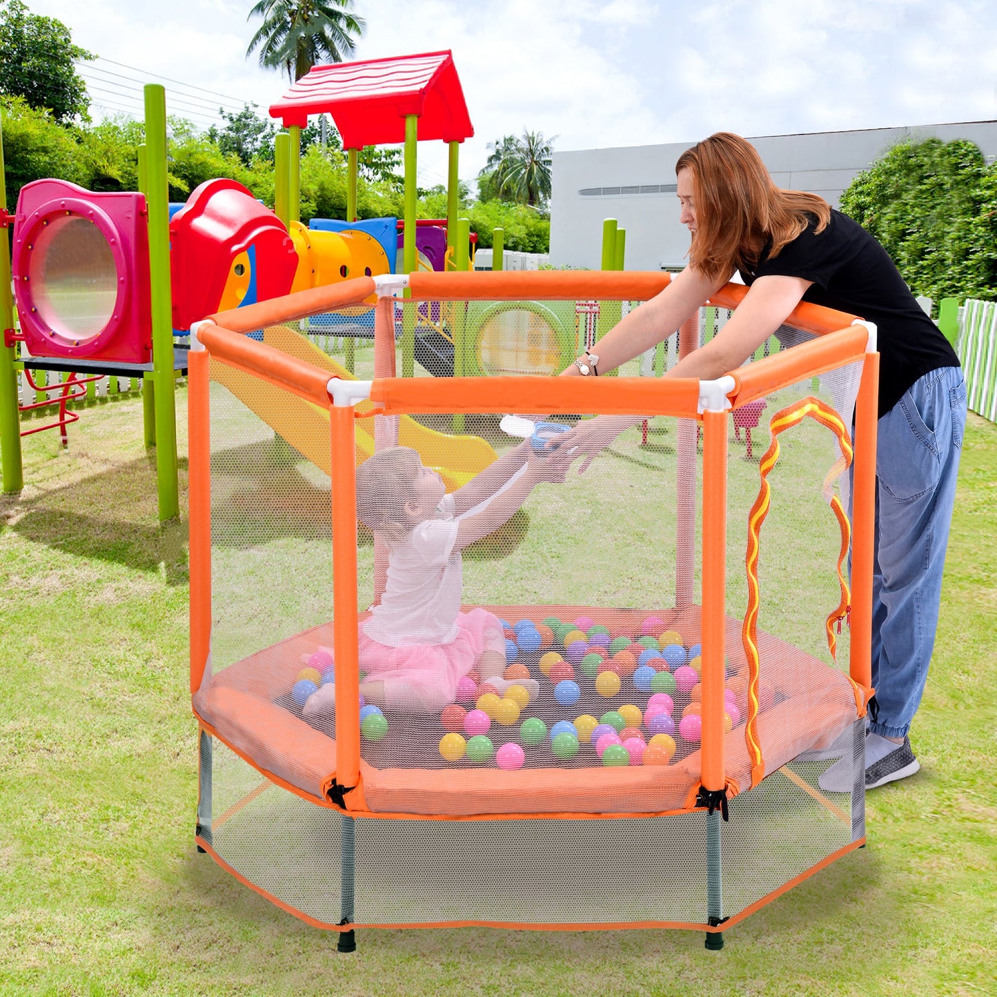 55'' Toddlers Trampoline with Safety Enclosure Net and Balls, Indoor Outdoor Mini Trampoline for Kids - Korvel