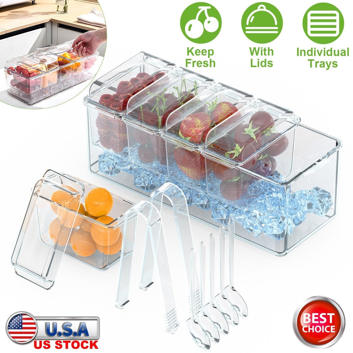 Ice Chilled Condiment Caddy Serving Tray with Removable Containers