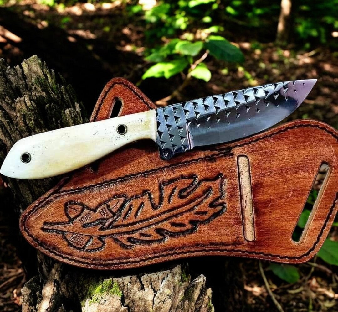 Authentic Handmade Cowboy Knife with Leather Sheath – Rasp Steel Blade & Bone Handle - Korvel
