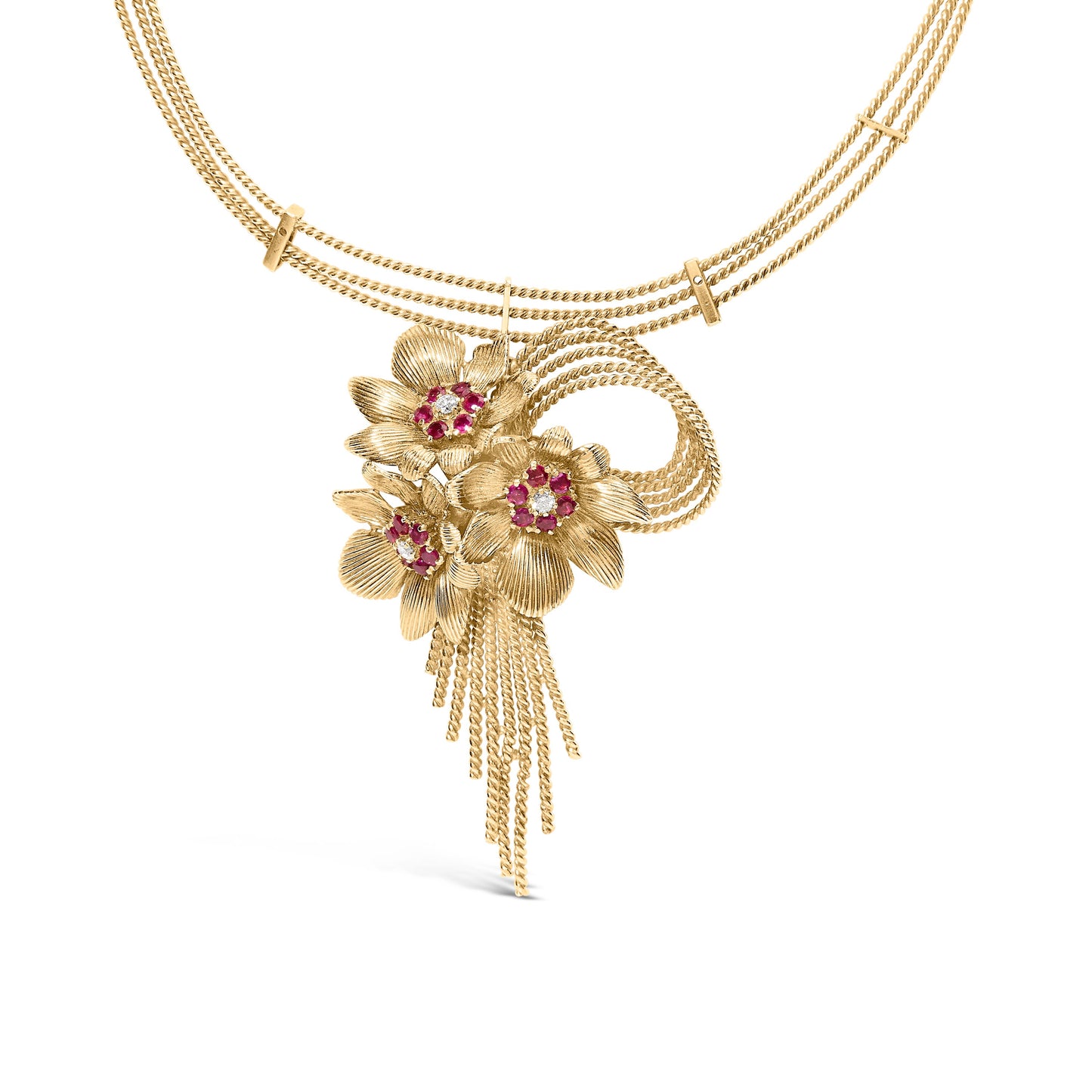 Collier Cascade Floral en Diamant et Rubis en Or Jaune 18K