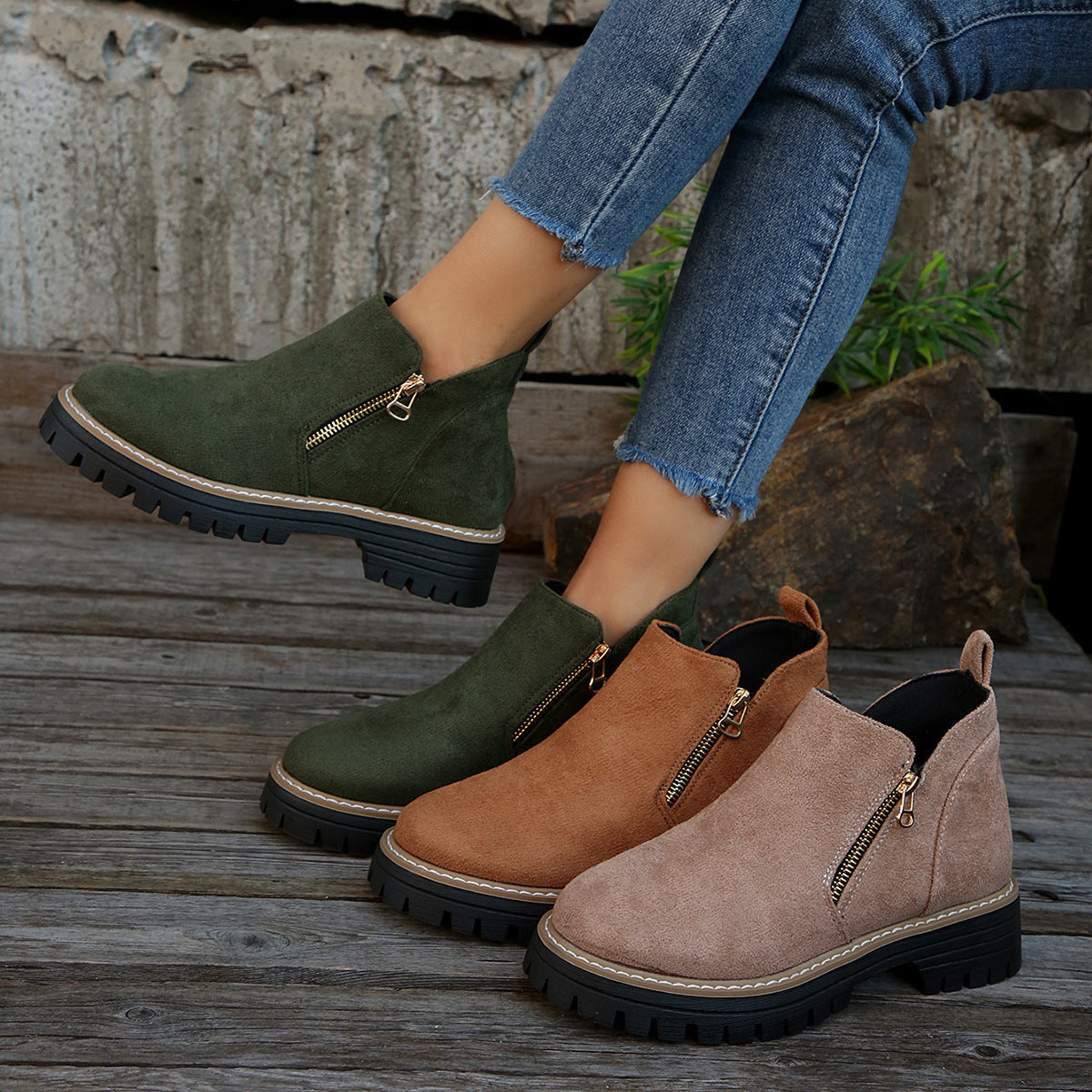 Botas de Tobillo de Ante Chic con Cremallera Lateral para Mujeres
