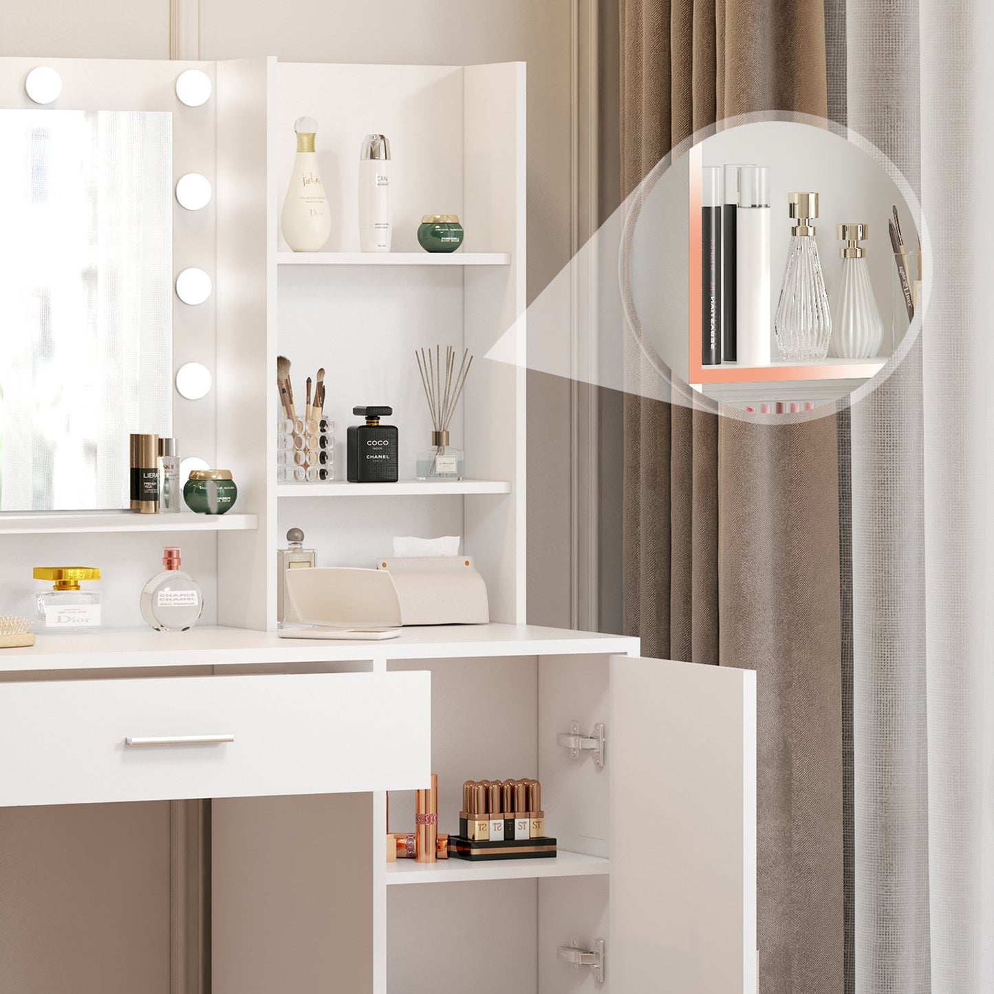 Elegant Lighted Vanity with Large Drawer and Adjustable Brightness