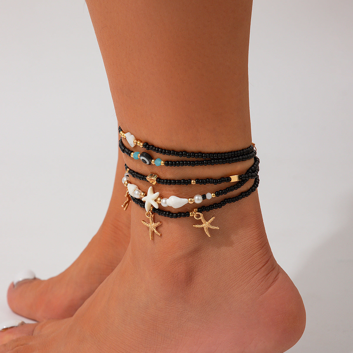 Conjunto de Tobilleras Elegantes de Perlas de Arroz Circulares para Playa - 3 Piezas