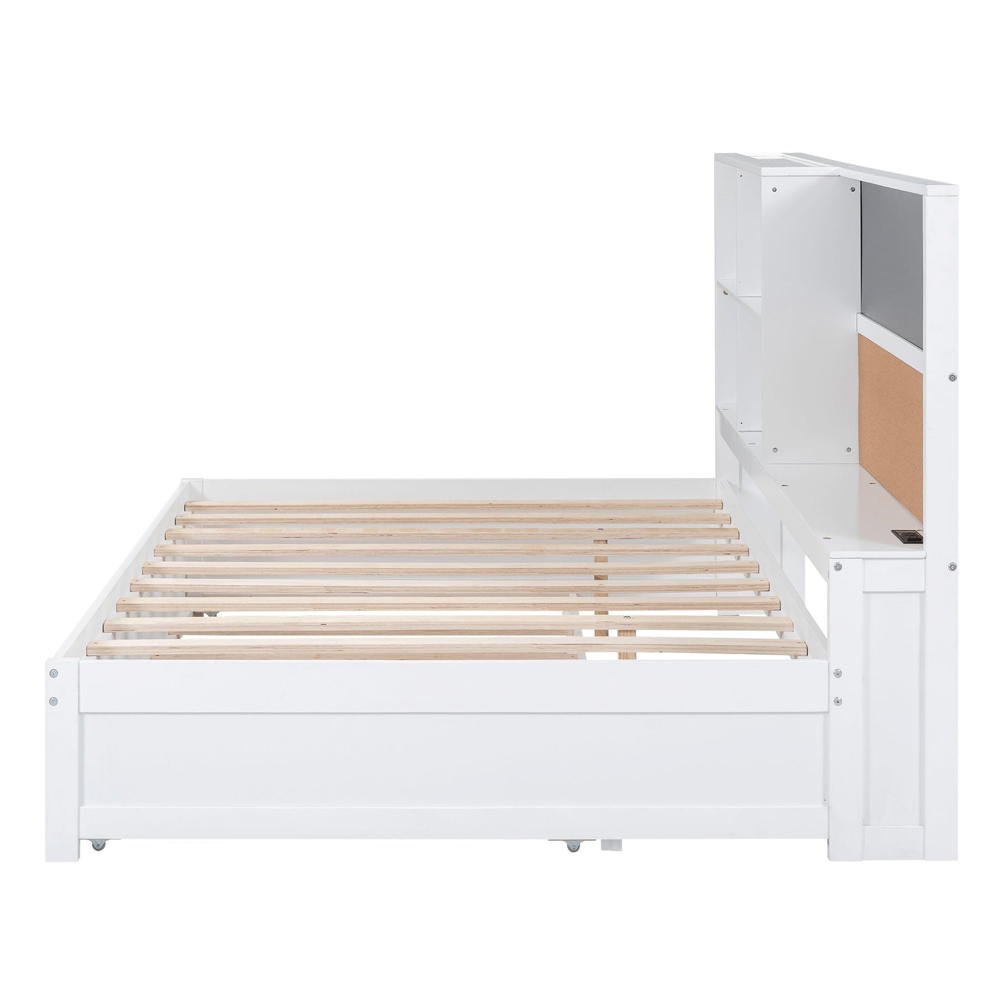 Full Size Daybed with Storage Shelves, Blackboard, Cork board, USB Ports and Twin Size Trundle  White - Korvel