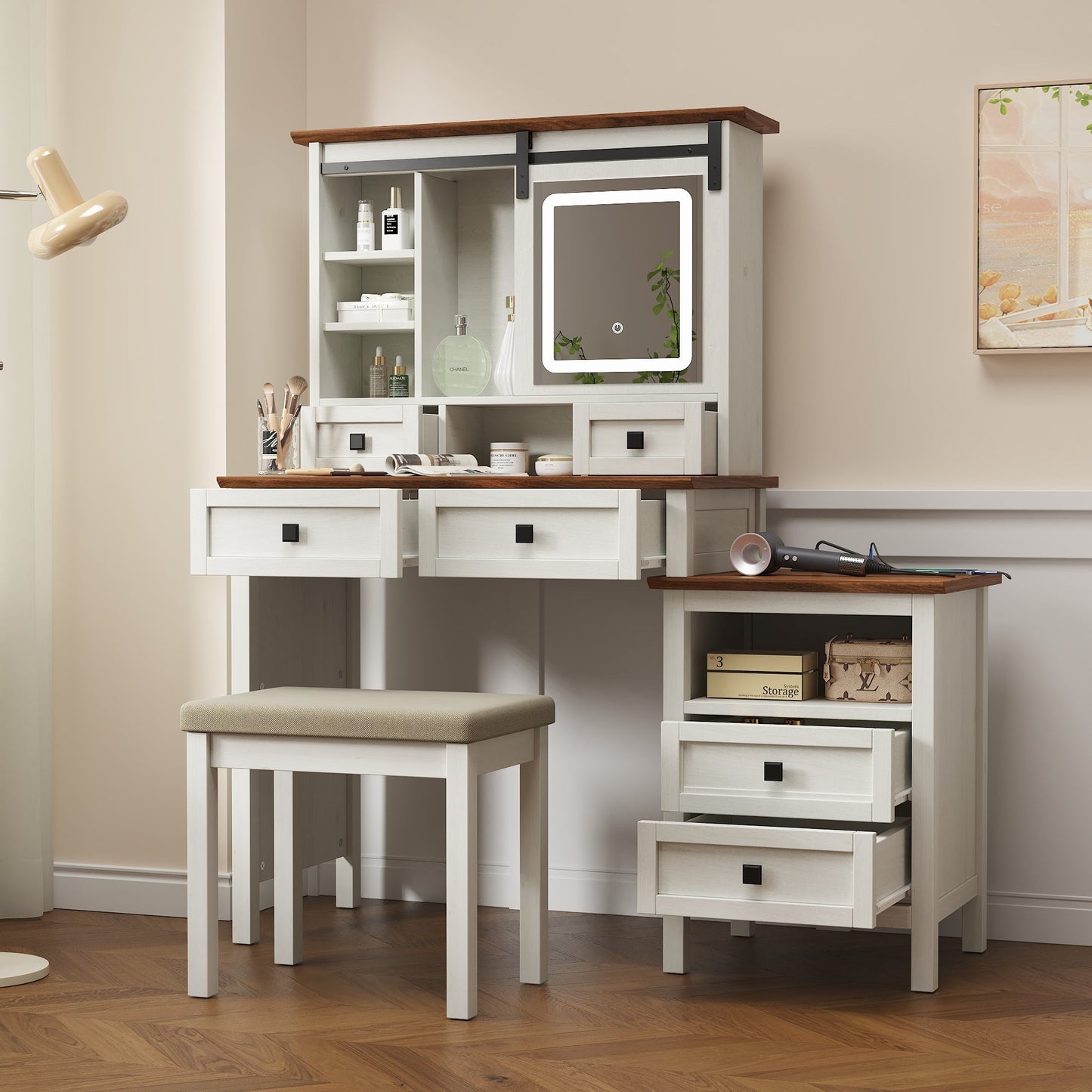 46.5-inch dressing table with adjustable LED lighting mirror and charging station, equipped with soft cushioned stool - Korvel