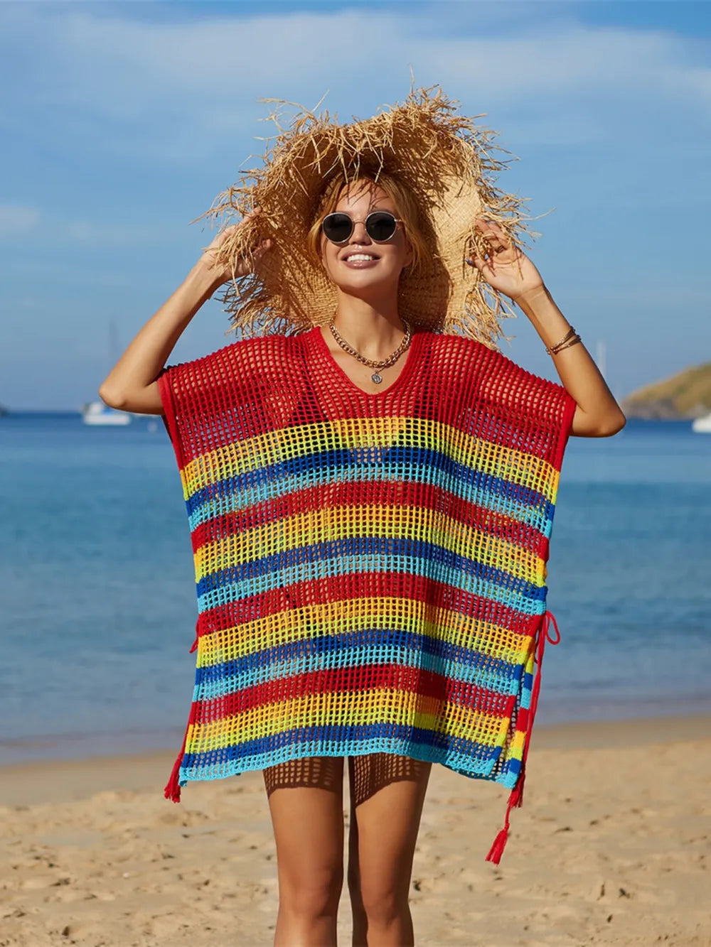 Cutout Striped Cover-Up with Tassel - Korvel
