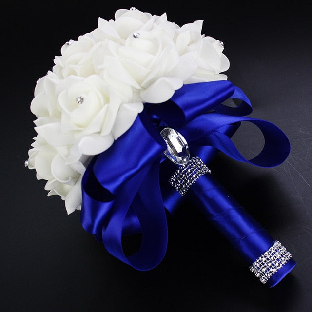 White Ivory Bridal Bridesmaid Flower Wedding Bouquet Artificial Flower Rose Bouquet Crystal Bridal Bouquets - Korvel