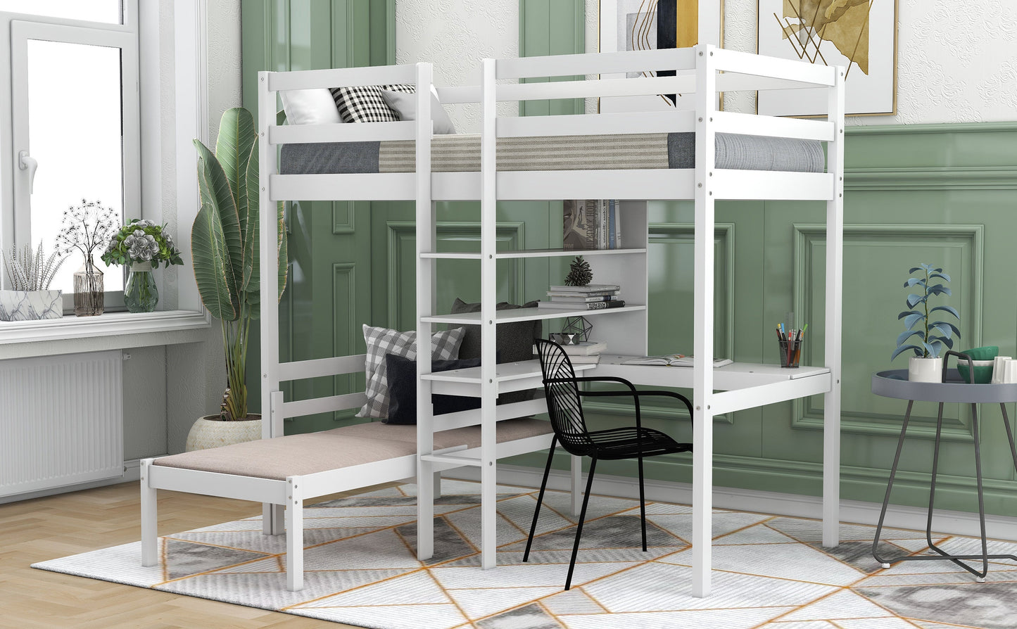 Convertible Loft Bed with L-Shape Desk, Twin Bunk Bed with Shelves and Ladder White - Korvel