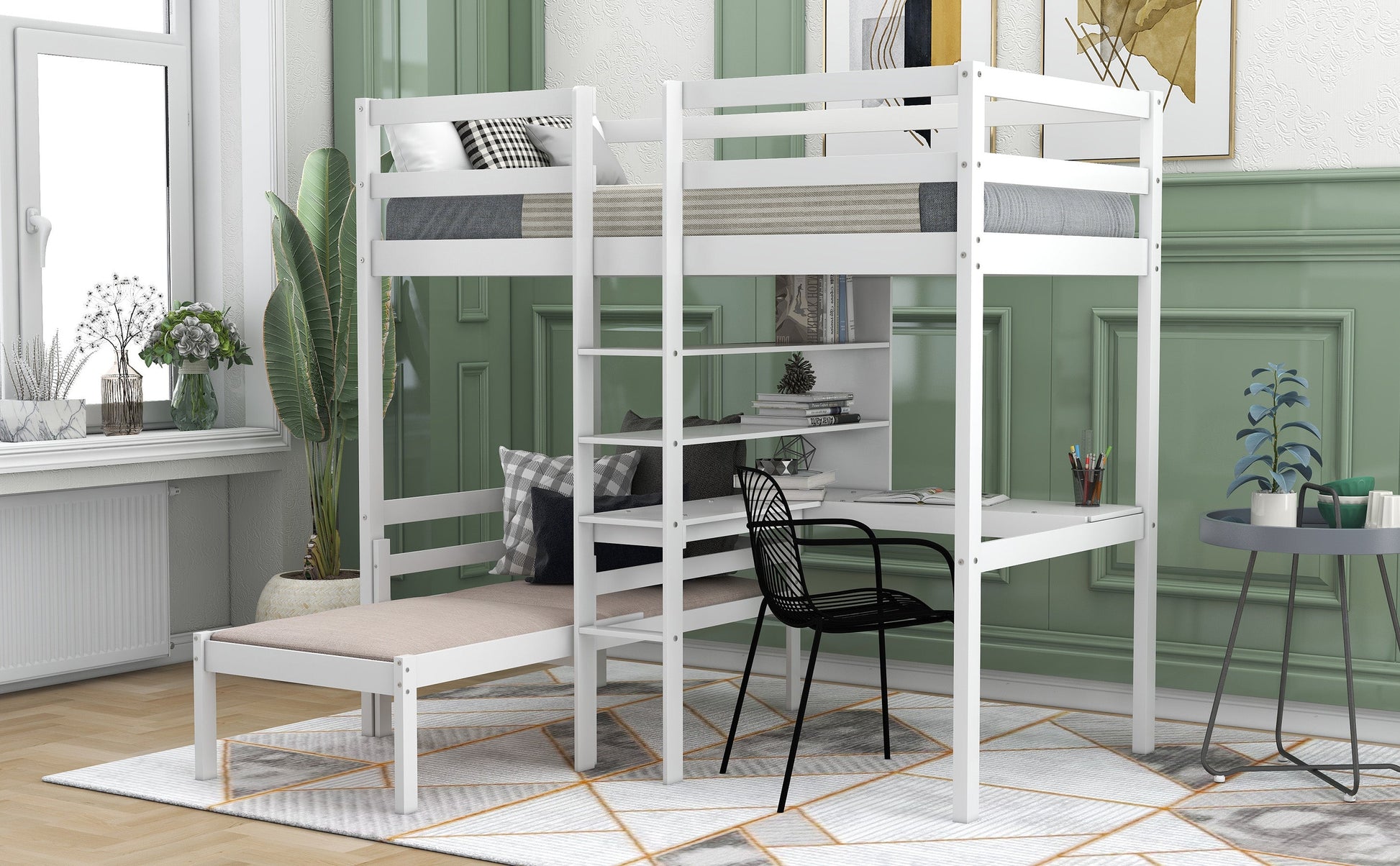 Convertible Loft Bed with L-Shape Desk, Twin Bunk Bed with Shelves and Ladder White - Korvel