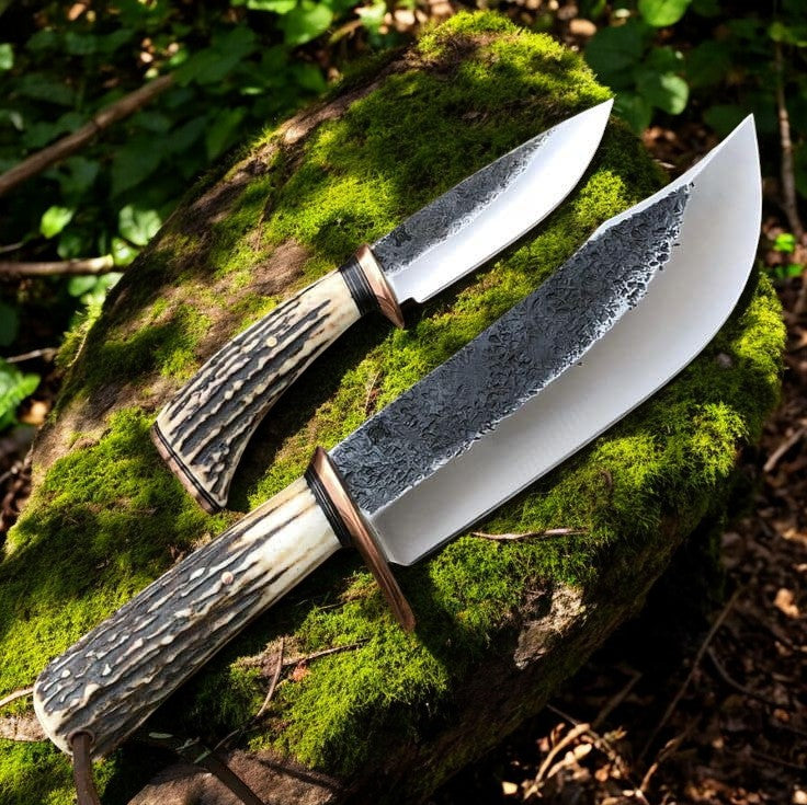Premium Handmade Hunting Knife Duo – 8" & 4.25" 1095 Steel with Unique Antler Handles - Korvel