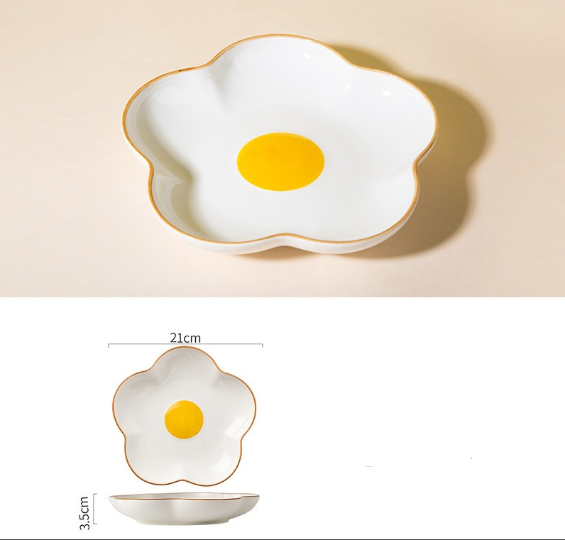 Creative Sun Egg Ceramic Bowl and Dish Set Cute Rice Bowl, Plate, Handle, Plate, Tableware, Home Breakfast Soup Plate - Korvel