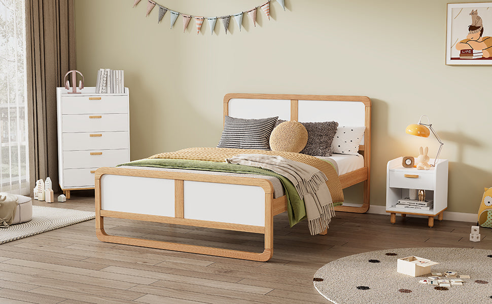 Modern Style Queen Size Solid Wood Platform Bed for Kids, Teens, Adults, No Need Box Spring, Walnut and White - Korvel