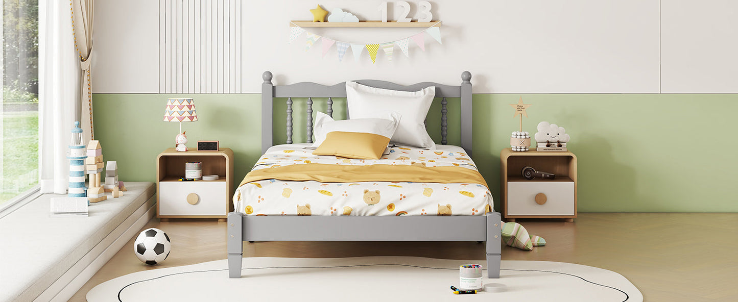 Twin Bed with Column-Decoration Headboard, with Bed Slats,Grey - Korvel