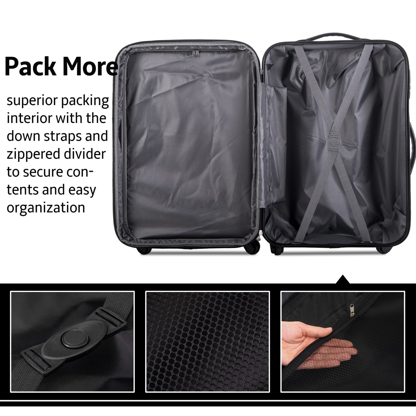 Ensemble de valises rigides noires premium de 3 pièces avec serrure TSA