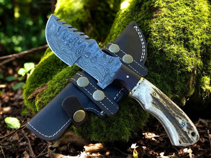 Tom Brown Tracker – Artisan Damascus Knife with Antler & Rosewood Grip - Korvel