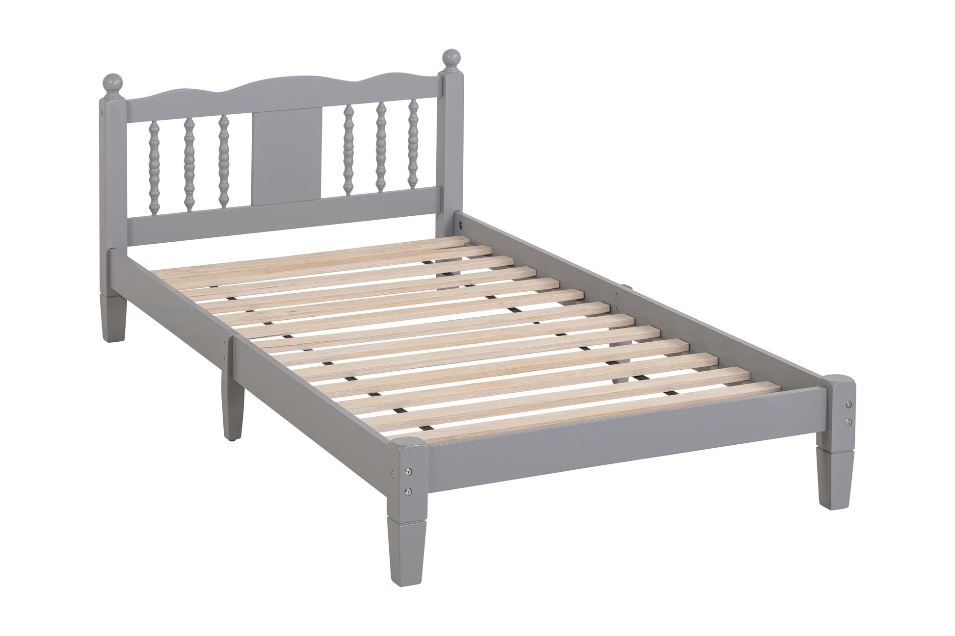 Twin Bed with Column-Decoration Headboard, with Bed Slats,Grey - Korvel
