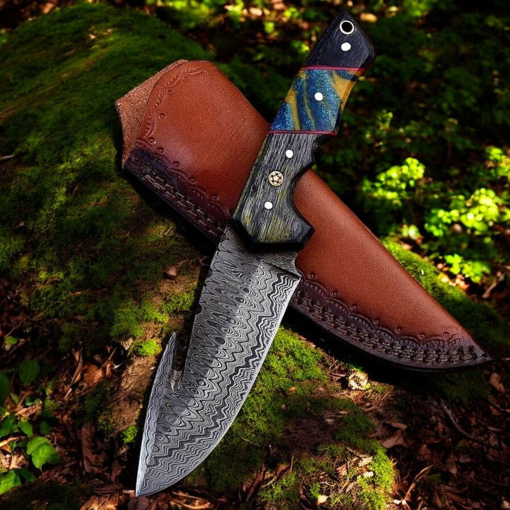 Premium Custom Damascus Steel Gut Hook Knife with Exotic Wood Handle & Leather Sheath - Korvel