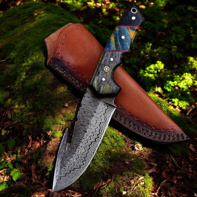 Premium Custom Damascus Steel Gut Hook Knife with Exotic Wood Handle & Leather Sheath - Korvel