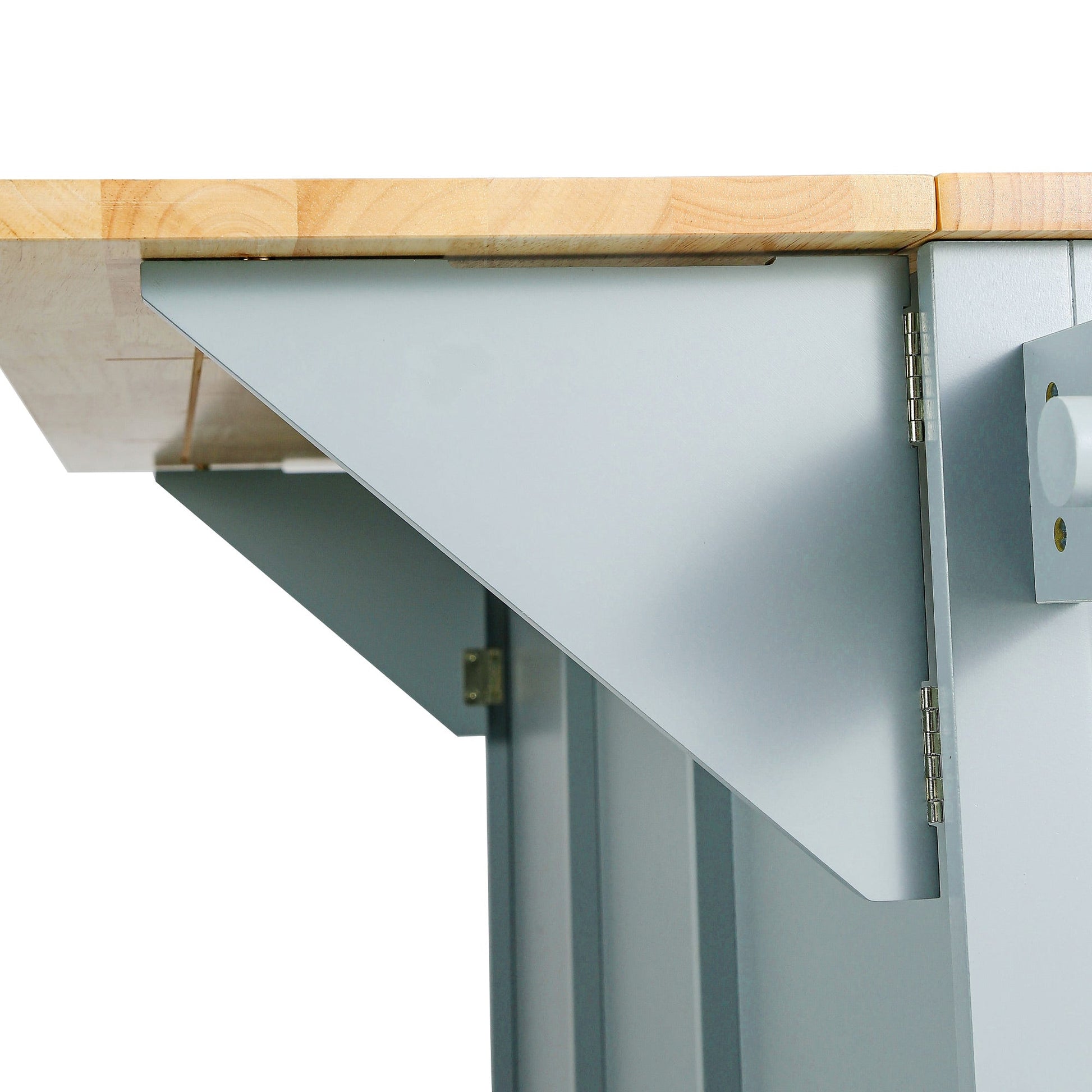 Kitchen handcart with rubber wood leaf countertop, storage cabinet, shelf, and 3 dining room drawers, gray blue - Korvel
