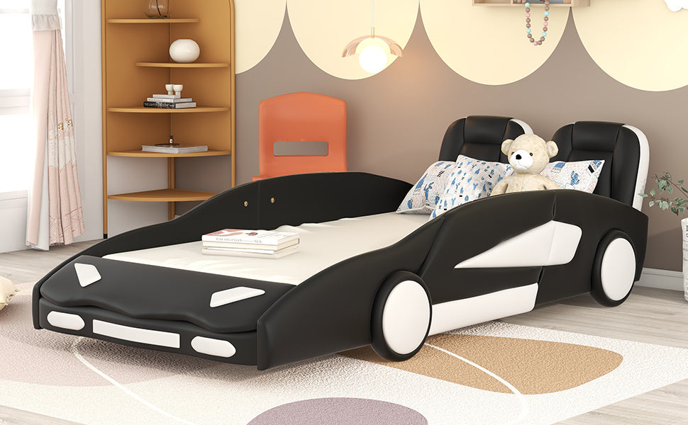 Twin Size Race Car-Shaped Platform Bed with Wheels - Black