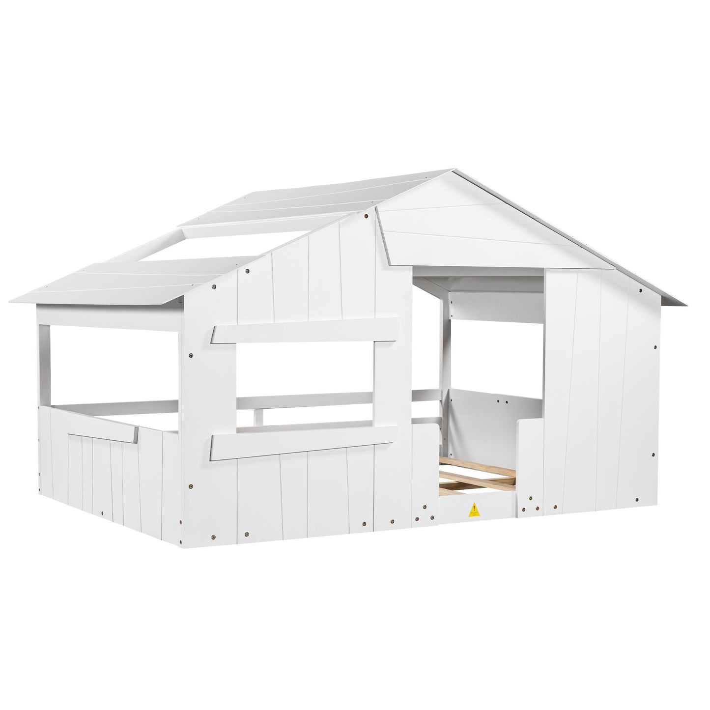 Wood Full Size House Bed with Roof, Window and Guardrail White - Korvel