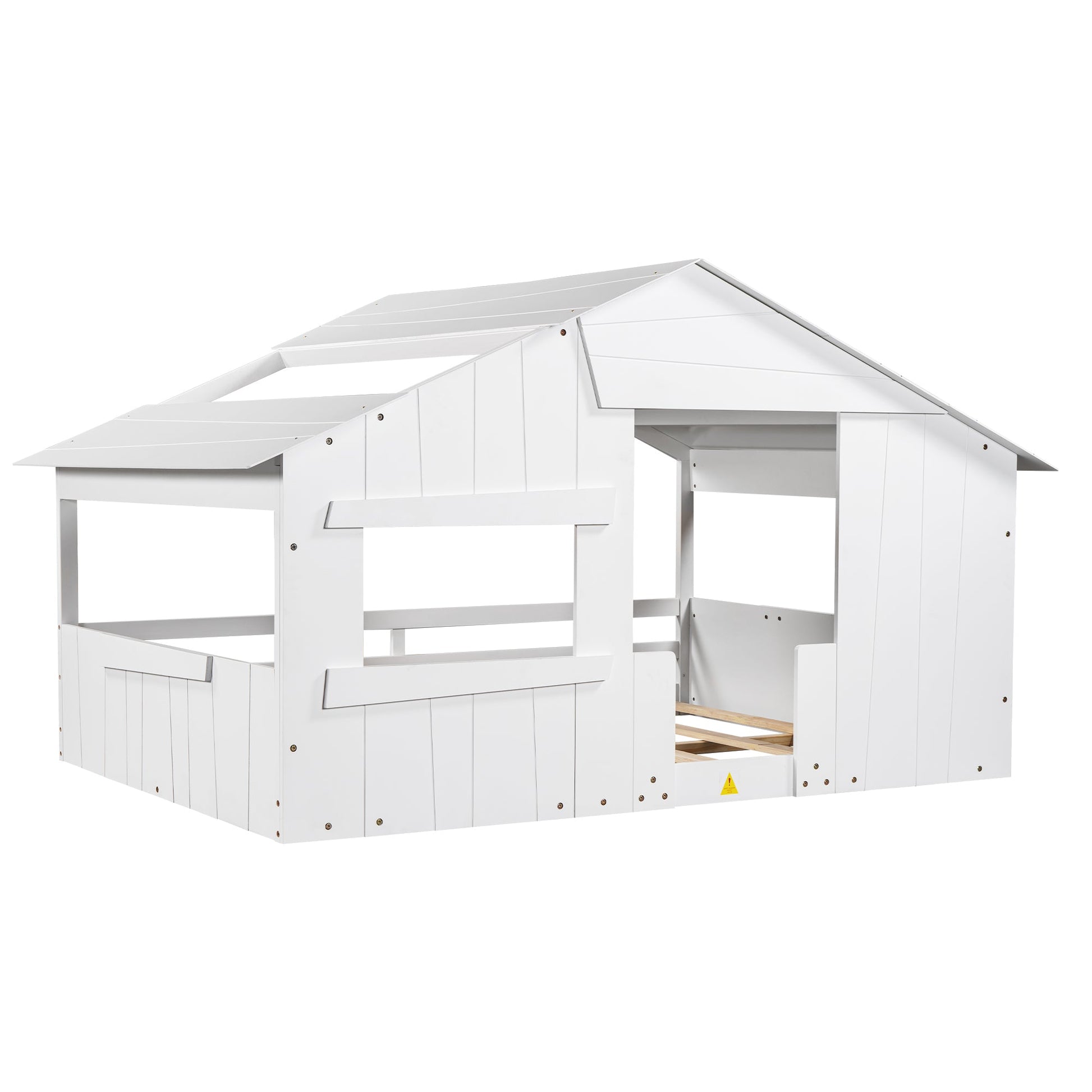 Wood Full Size House Bed with Roof, Window and Guardrail White - Korvel