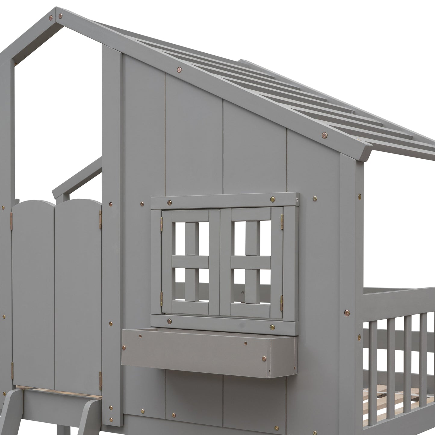 Twin over Twin House Bunk Bed with Roof , Window, Window Box, Door , with Safety Guardrails and Ladder, Grey - Korvel