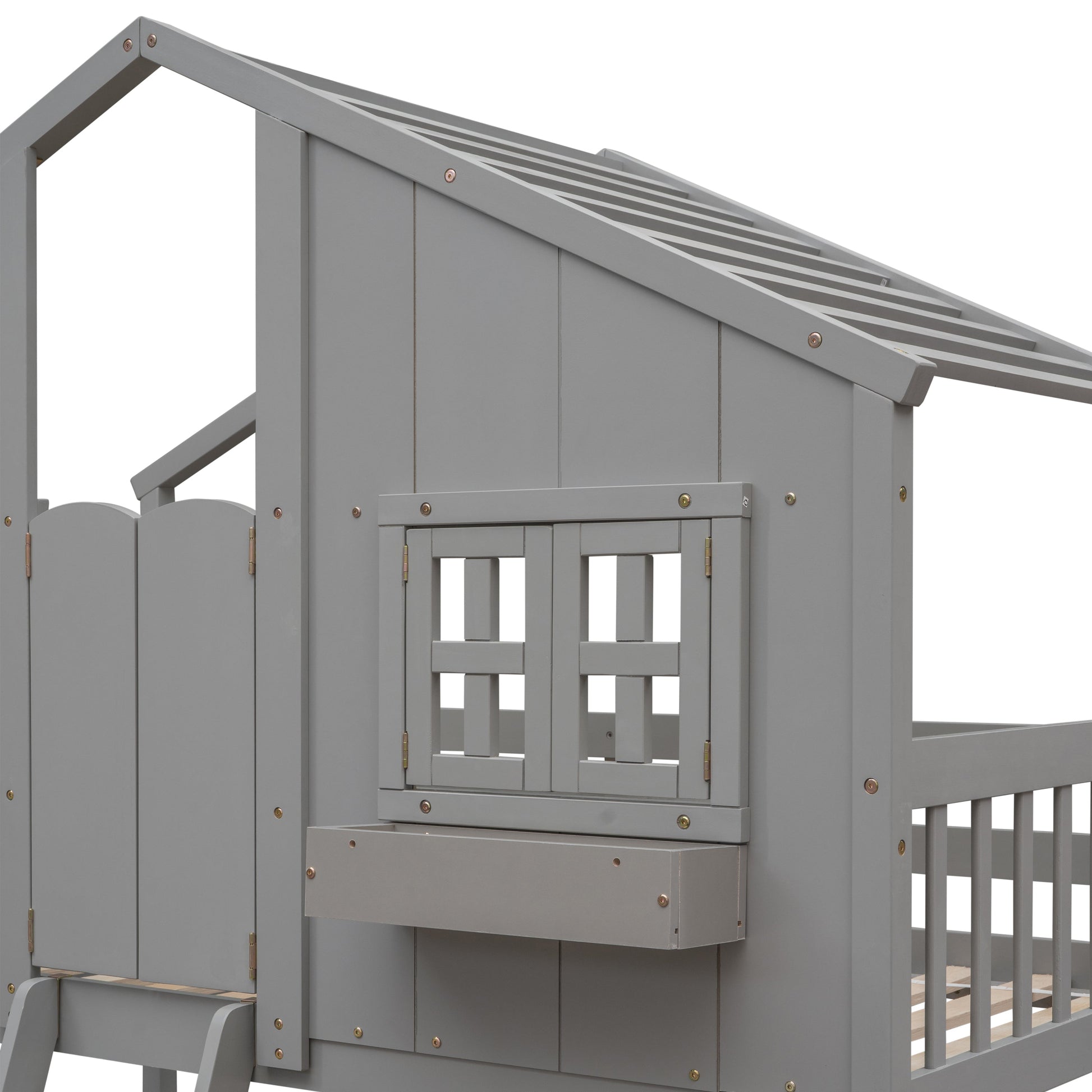 Twin over Twin House Bunk Bed with Roof , Window, Window Box, Door , with Safety Guardrails and Ladder, Grey - Korvel