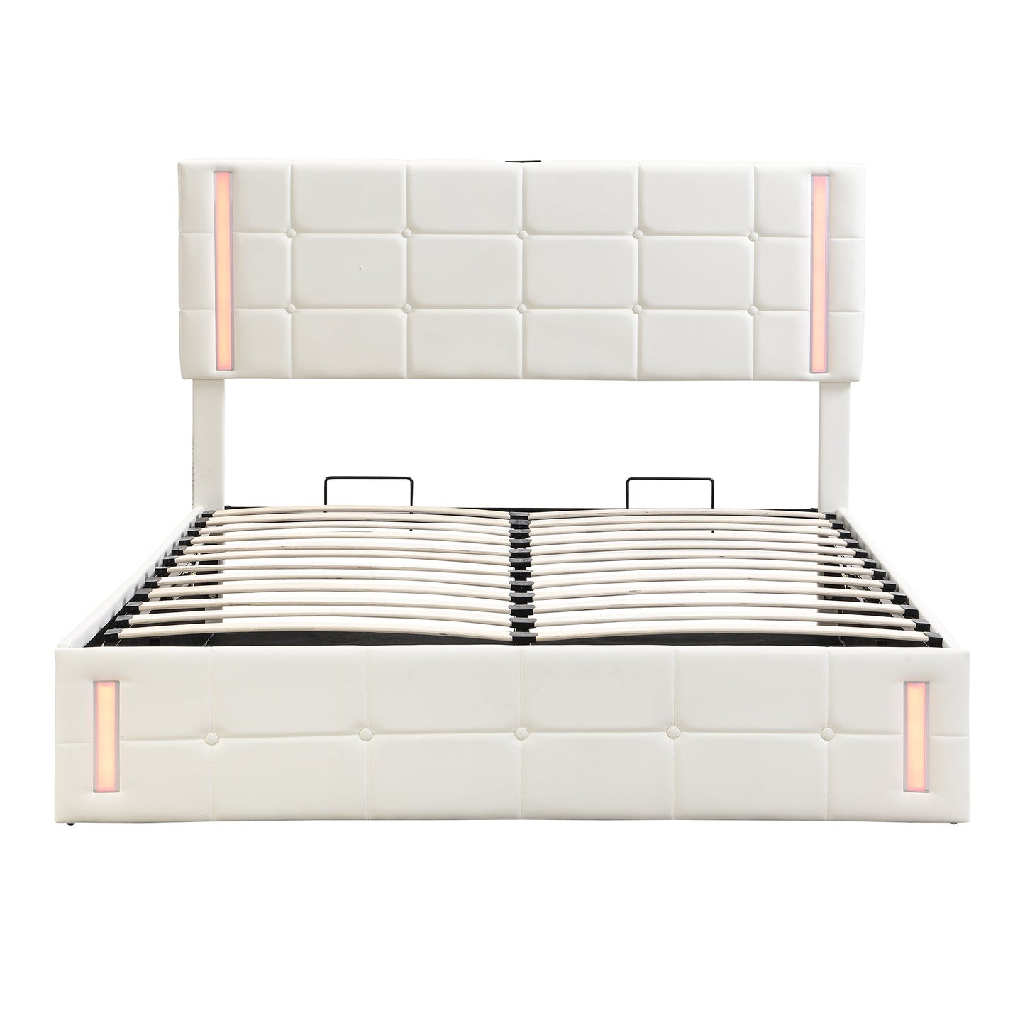Full Size Upholstered Bed with LED Lights,Hydraulic Storage System and USB Charging Station,White - Korvel