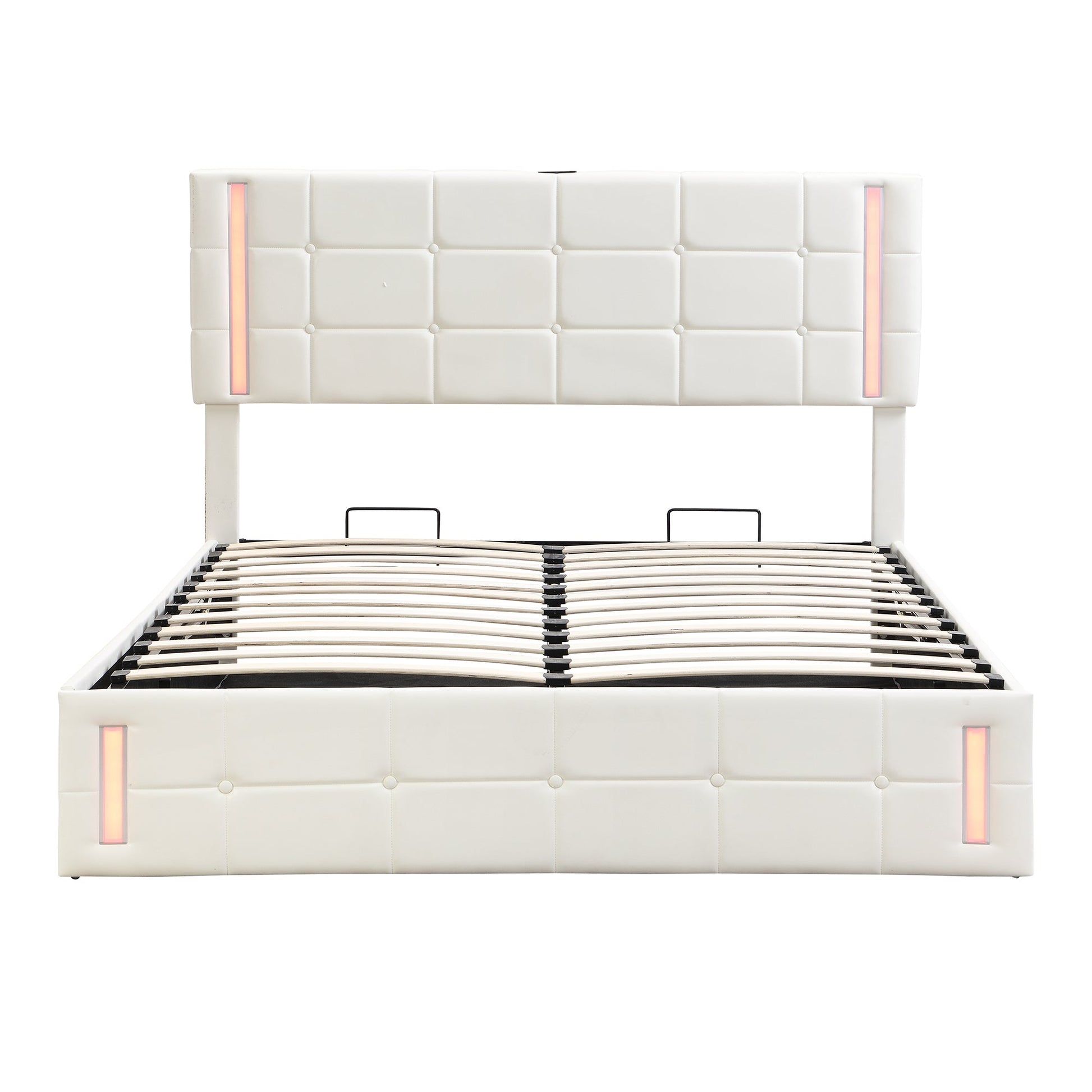 Full Size Upholstered Bed with LED Lights,Hydraulic Storage System and USB Charging Station,White - Korvel