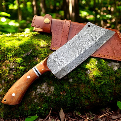 Artisan Damascus Cleaver Knife - 7" Raindrop Blade with Olive Wood Handle - Korvel