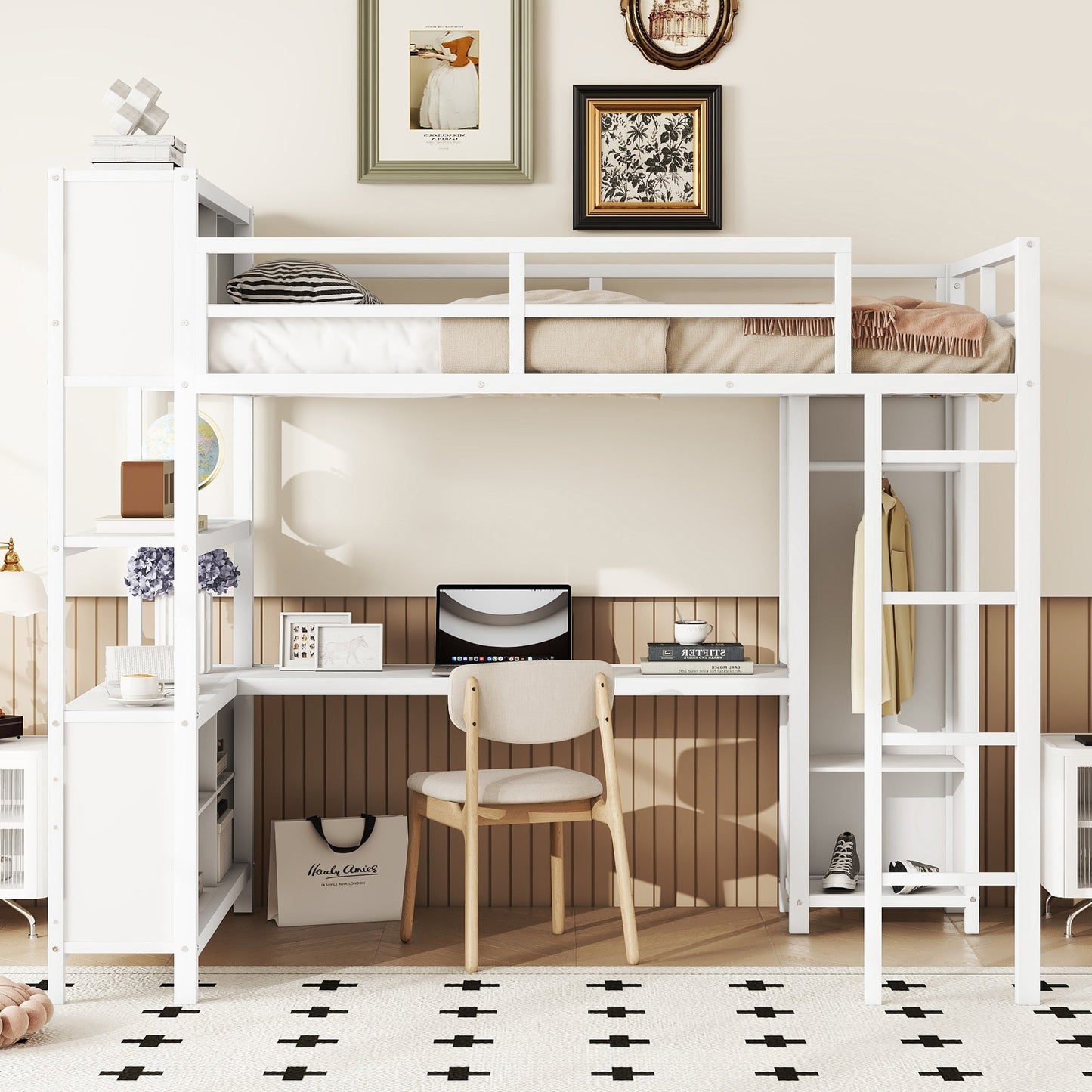 Metal loft bed with wardrobe and L-shaped desk, full-size loft bed with storage cabinet and shelf, white - Korvel