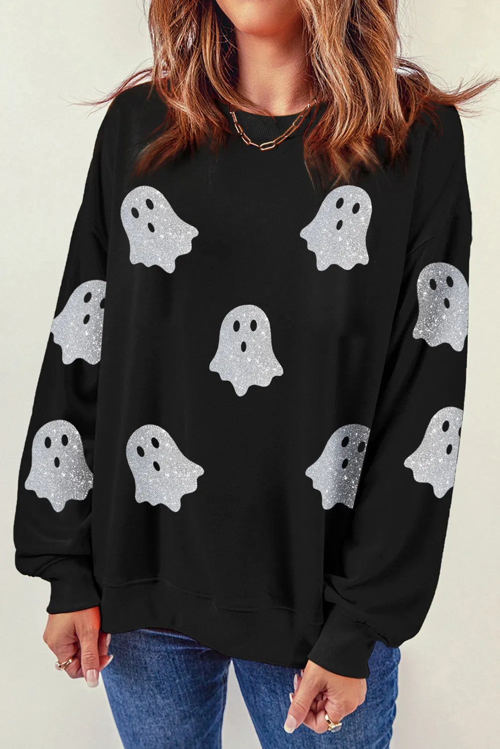 Glitter Round Neck Long Sleeve Sweatshirt - Korvel