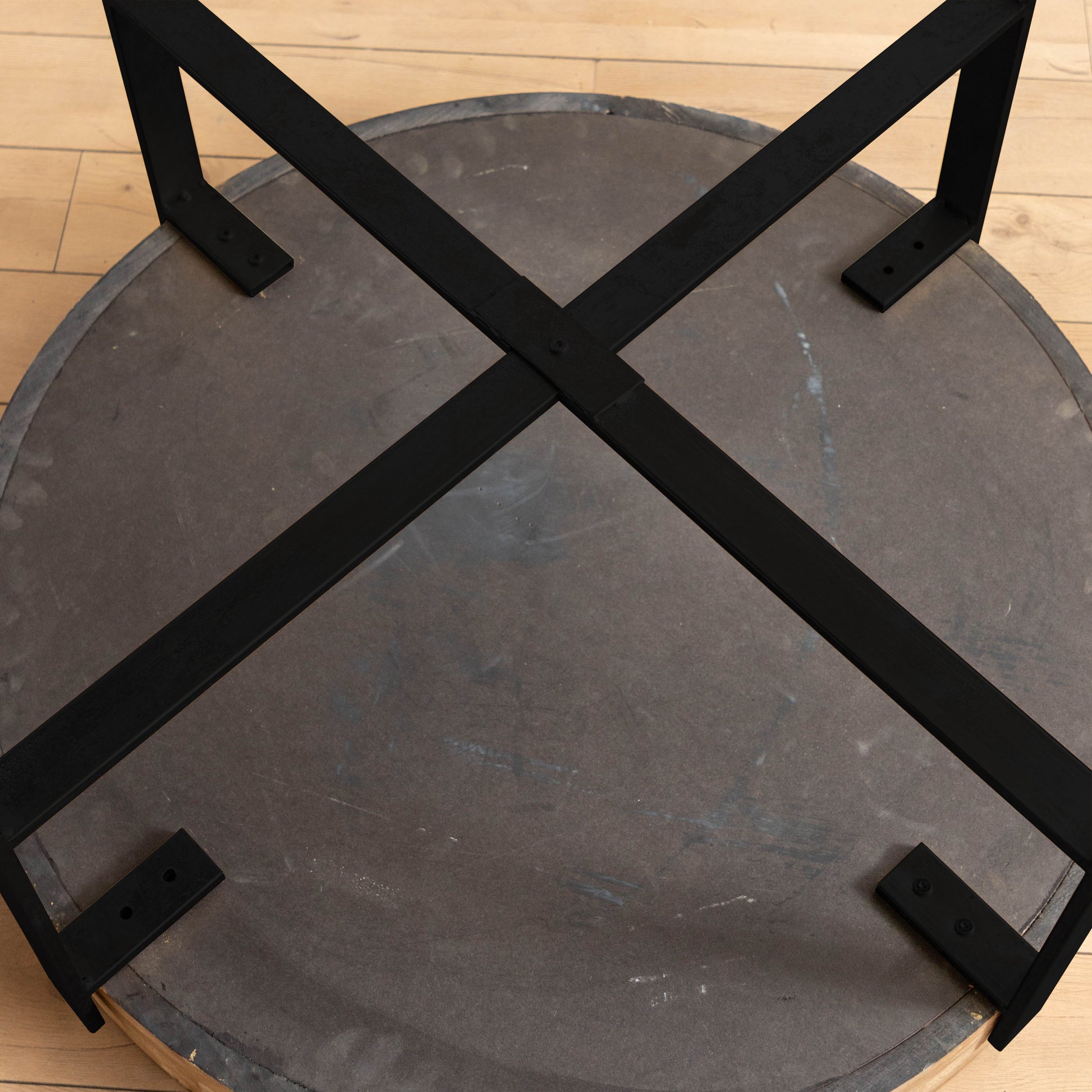 31.29"Modern Retro Splicing Round Coffee Table  Fir Wood Table Top with Cross Legs Metal Base(Same SKU:W757123560) - Korvel