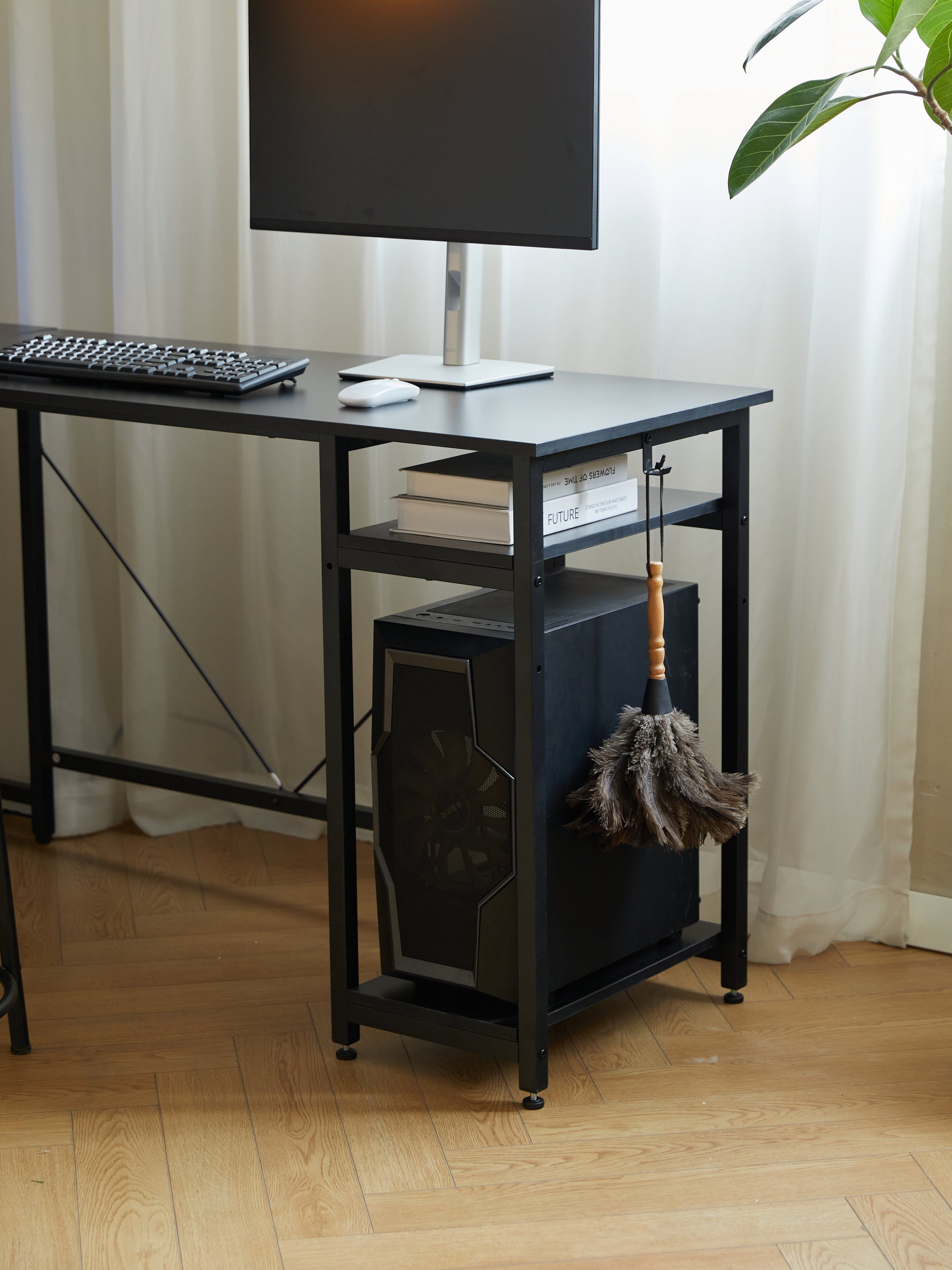 94.5 Inch Home Office Desk L shape gaming desk with LED storage Shelves METAL PANNEL and stool (BLACK) - Korvel