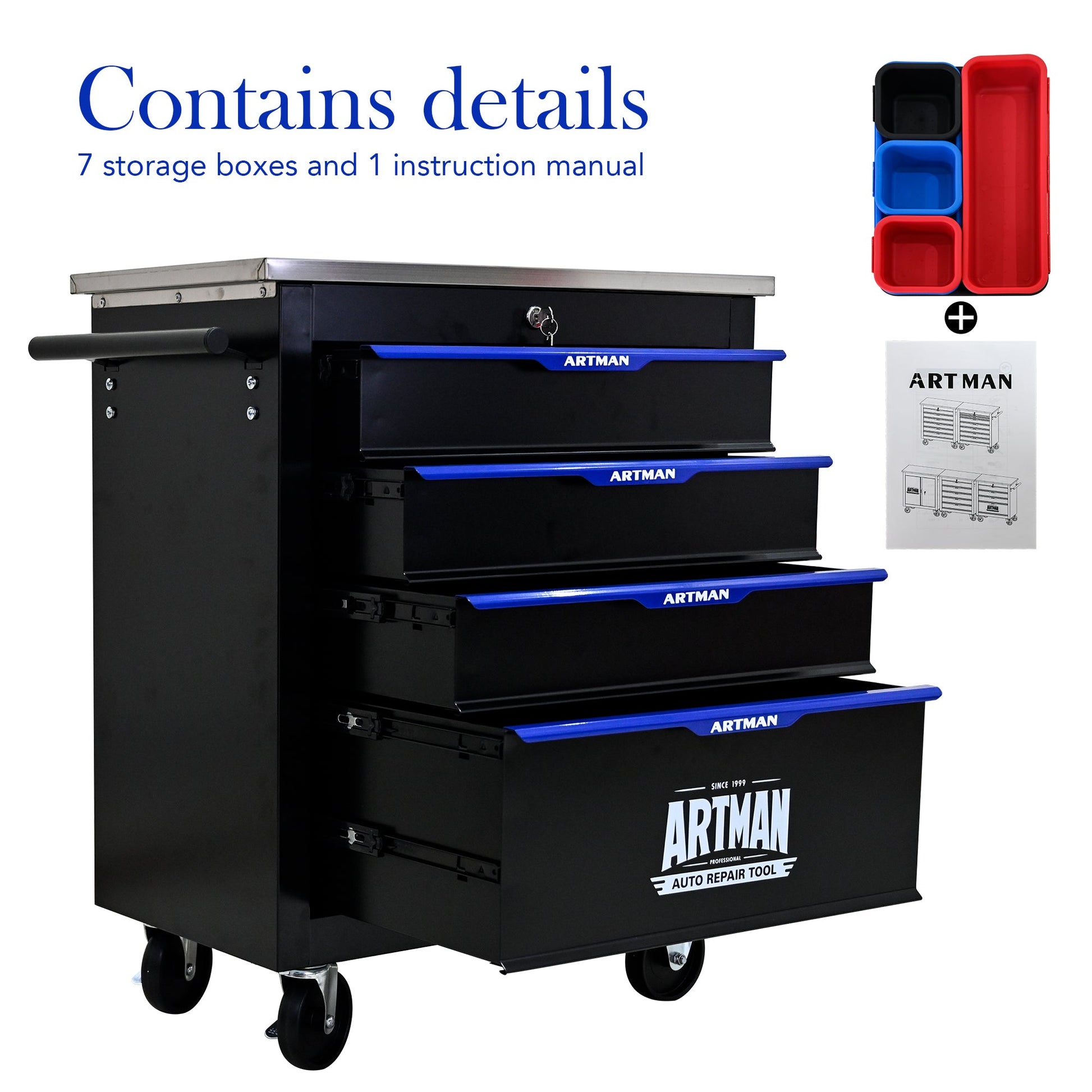 4 DRAWERS MULTIFUNCTIONAL TOOL CART WITH WHEELS-BLACK - Korvel