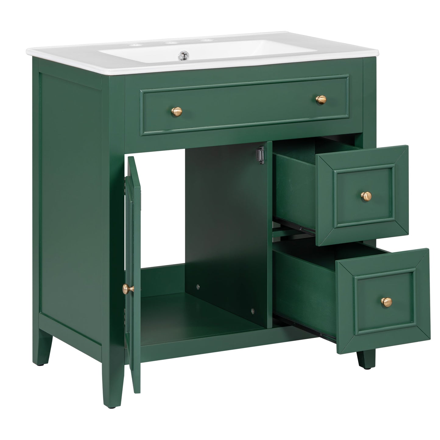 Vanidad de baño verde de 30" con lavabo y almacenamiento