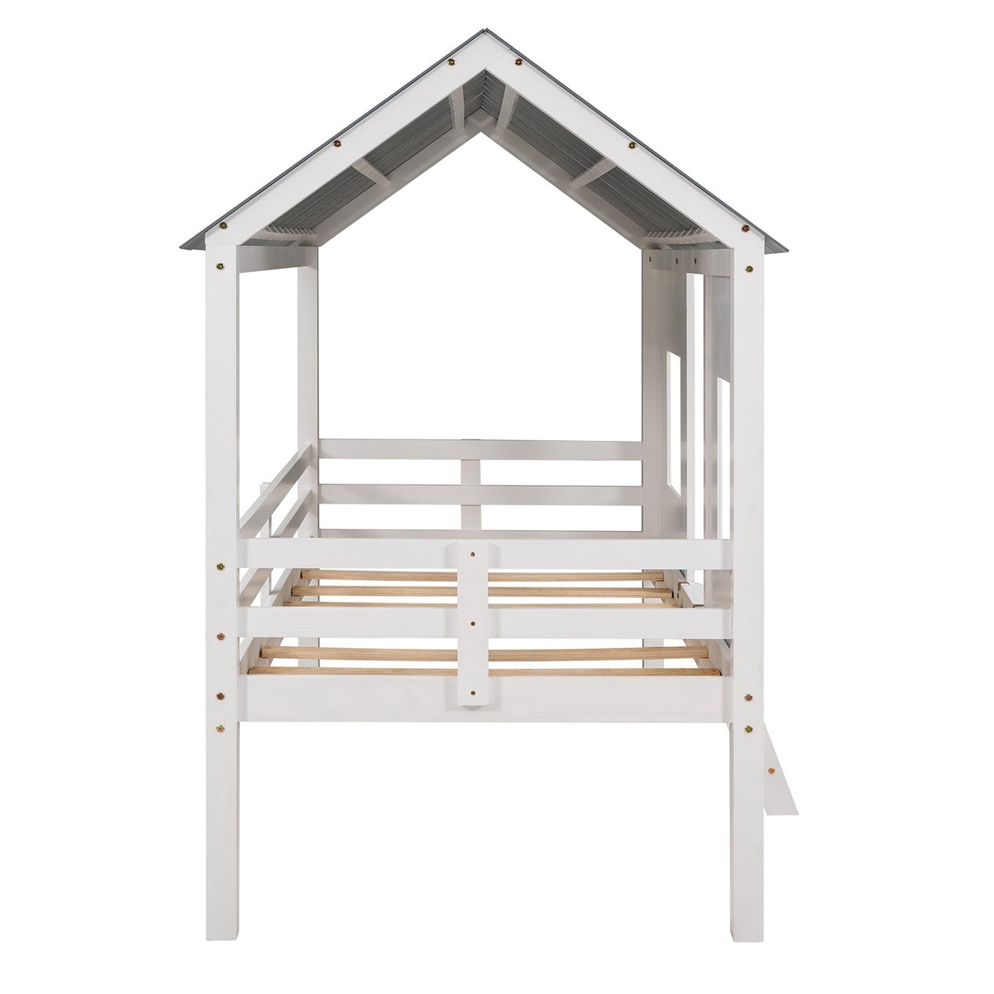 Twin Size Low Loft House Bed with Roof and Two Front Windows White - Korvel