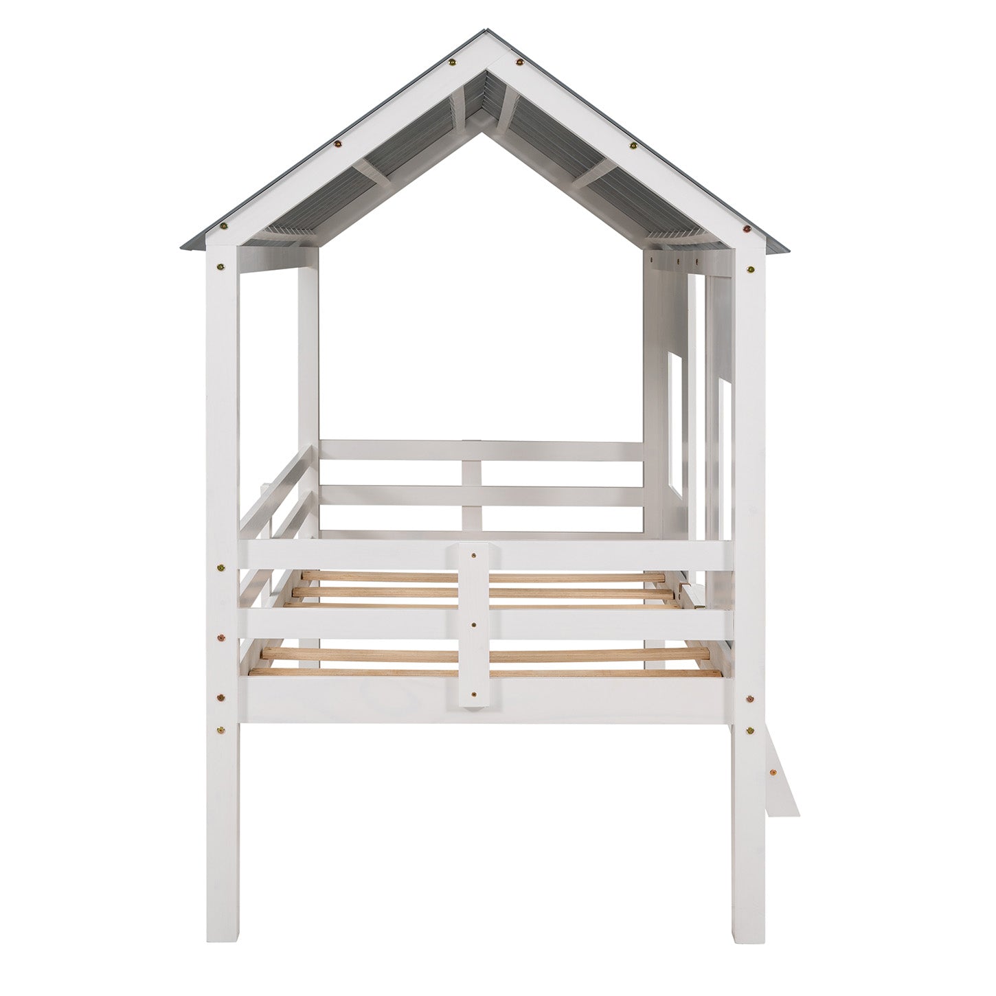 Twin Size Low Loft House Bed with Roof and Two Front Windows White - Korvel