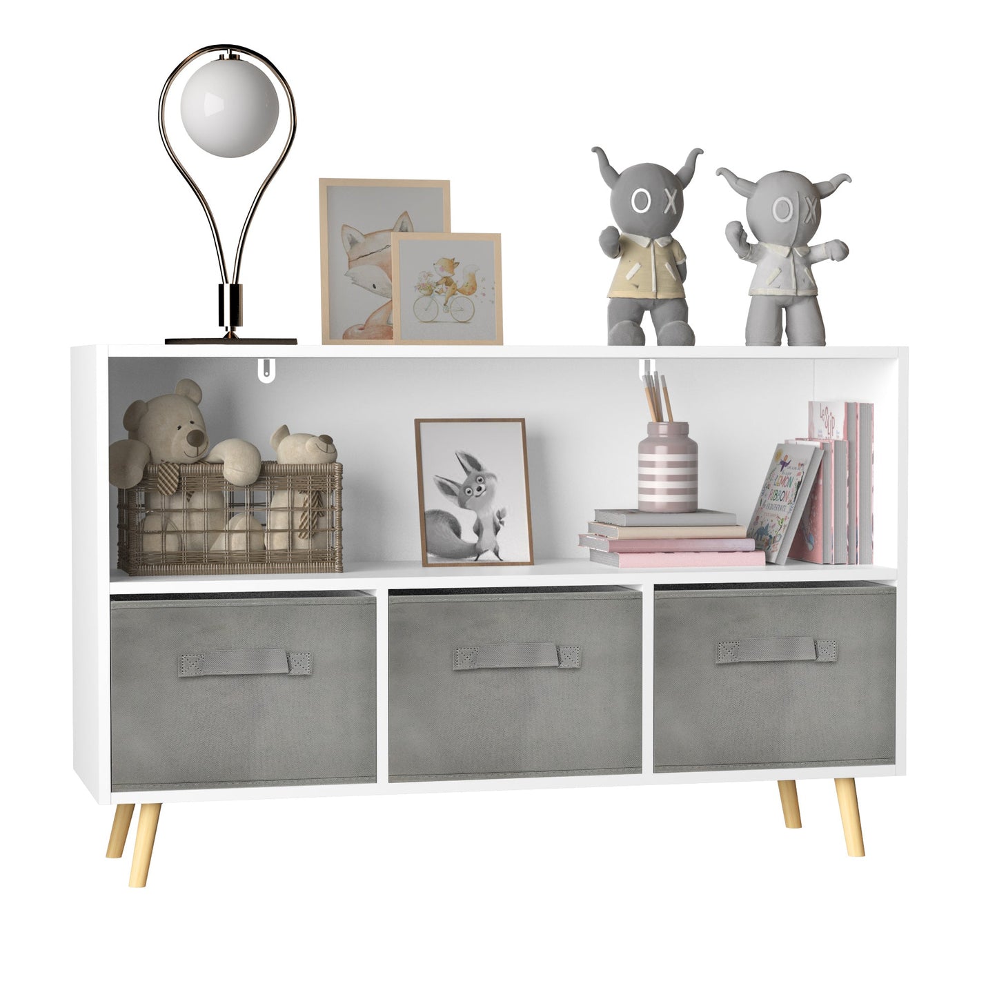 Kids bookcase with Collapsible Fabric Drawers Children's Book Display Toy Storage Cabinet Organizer White/Gray - Korvel