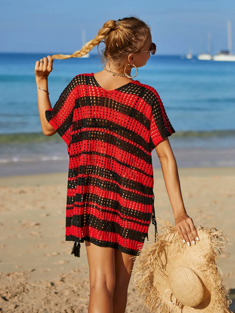Tassel Openwork Striped V-Neck Cover Up - Korvel