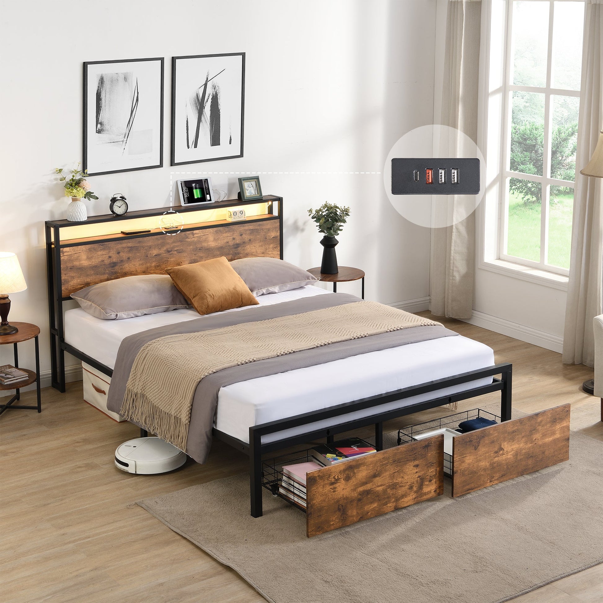 Full size bedstead with storage headboard and 2 drawers, LED light bed with charging station, metal Flat noodles support - Korvel