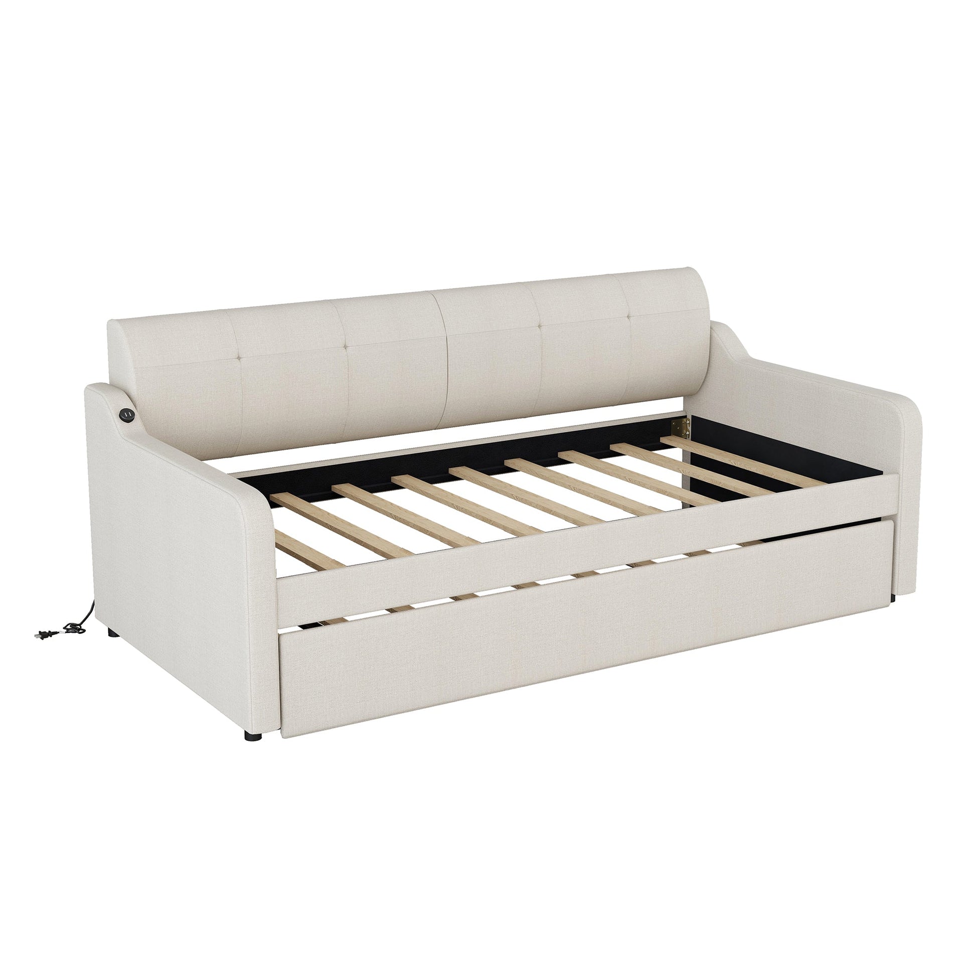 Twin Size Upholstery Daybed with Trundle and USB Charging Design Trundle can be flat or erected Beige - Korvel
