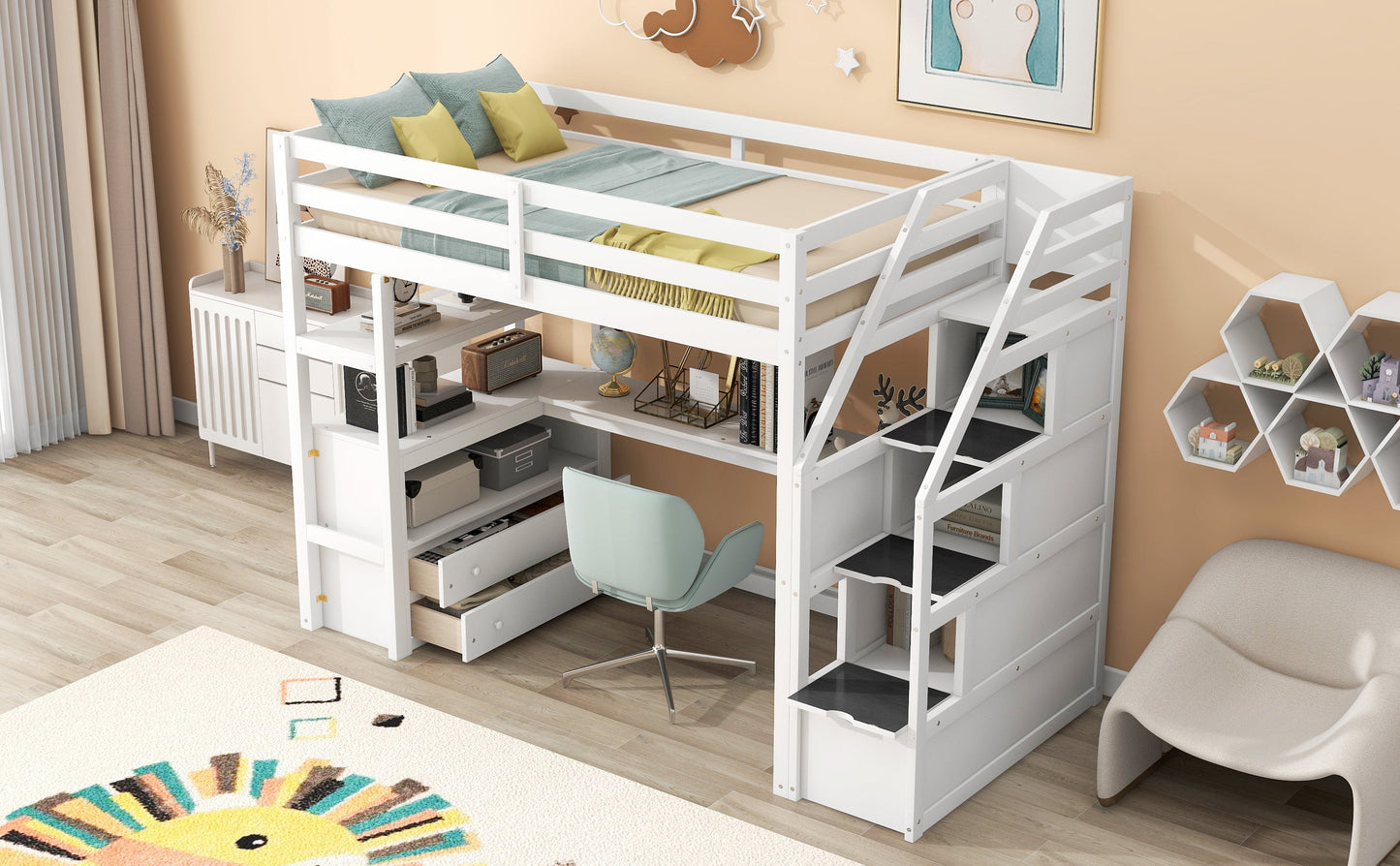 Twin Size Loft Bed with Desk and Shelves  Two Built-in Drawers  Storage Staircase White - Korvel