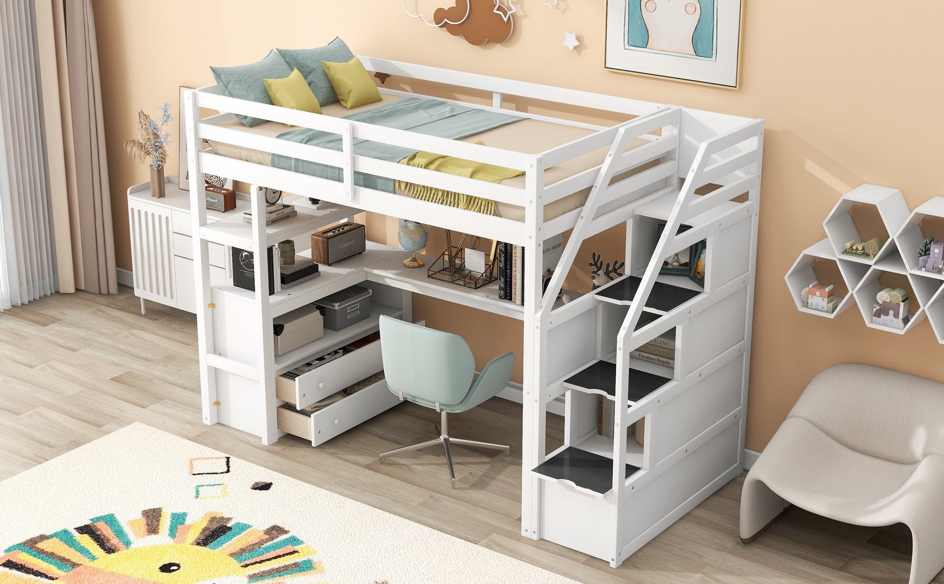 Twin Size Loft Bed with Desk and Shelves  Two Built-in Drawers  Storage Staircase White - Korvel