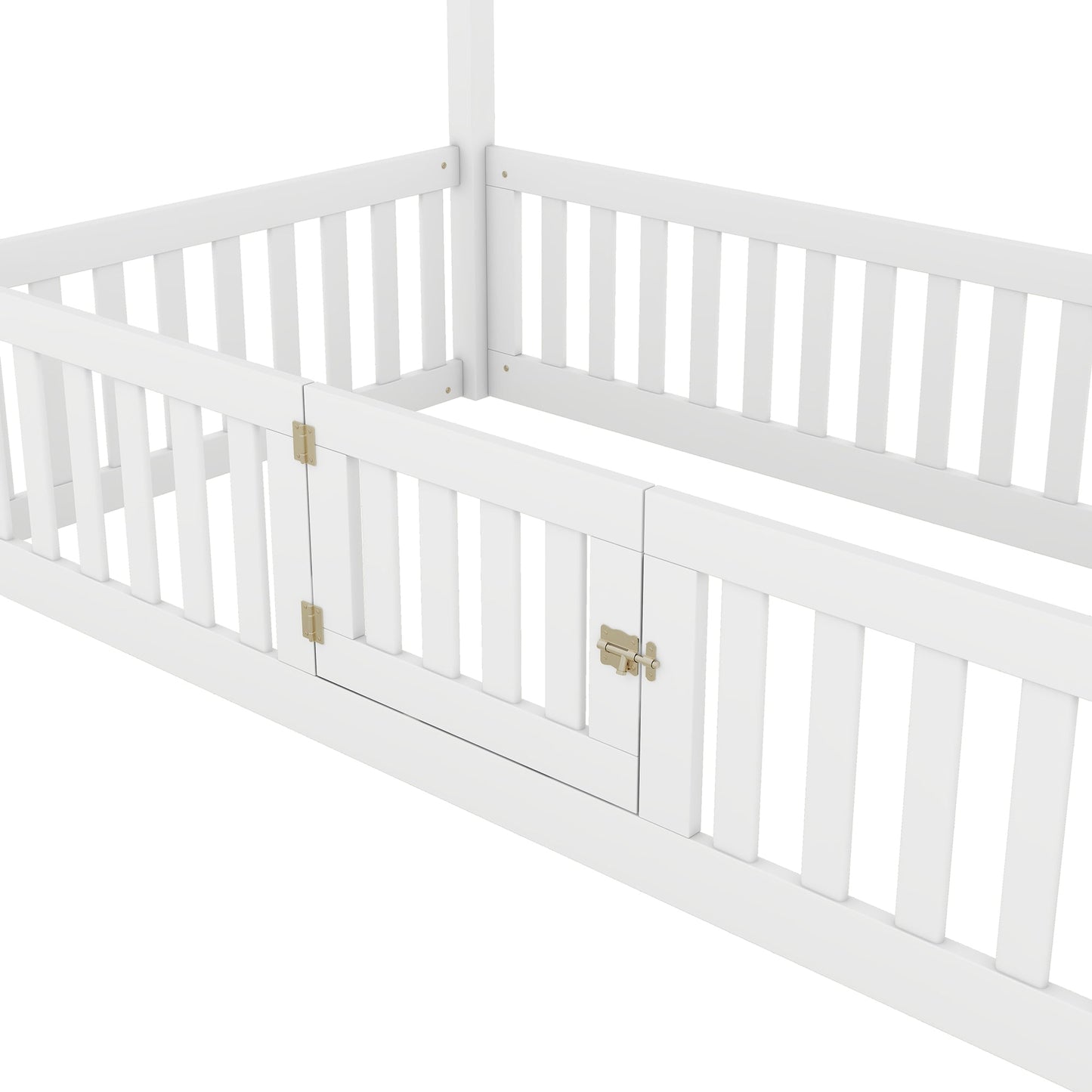 Twin Size Wood House Bed with Fence and Door, White - Korvel