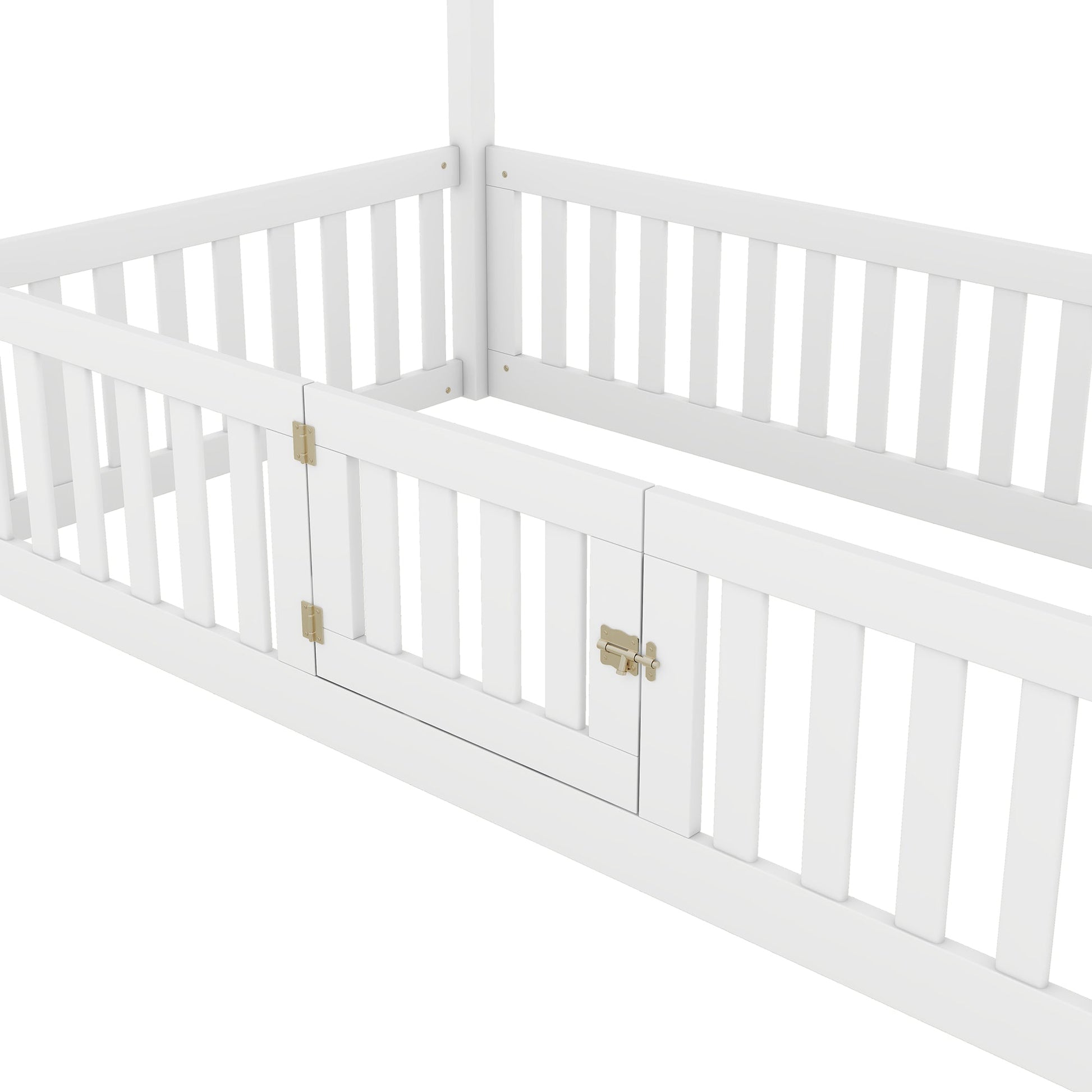 Twin Size Wood House Bed with Fence and Door, White - Korvel